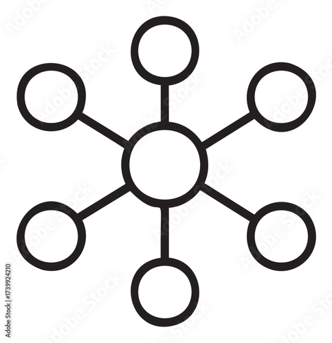 Black outline vector icon of a basic node network with six connected circular nodes. minimal depiction for internet, technology, and connectivity concepts.