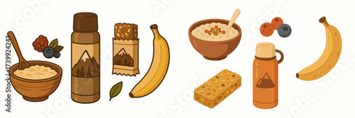 Assortment of wholesome breakfast foods and energy-boosting snacks for active outdoor adventures and healthy living