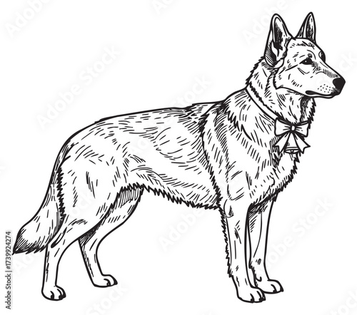 Detailed black and sketch of a german shepherd dog wearing a bow, showcasing its alert stance and distinctive fur patterns.