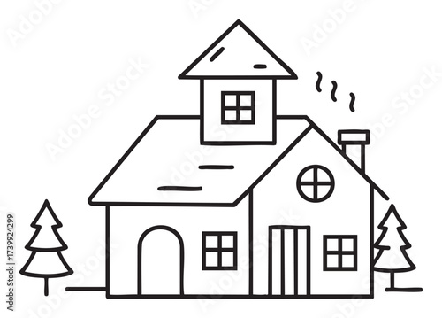 Simple black outline illustration of a two-story house with a triangular roof and chimney, accompanied by two stylized pine trees.