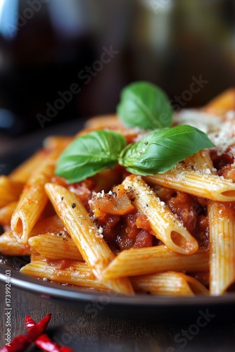 Plate of penne pasta served in spicy tomato sauce with garlic and fresh basil leaves