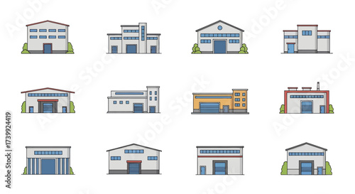 Set of industrial warehouse and factory building icons.
