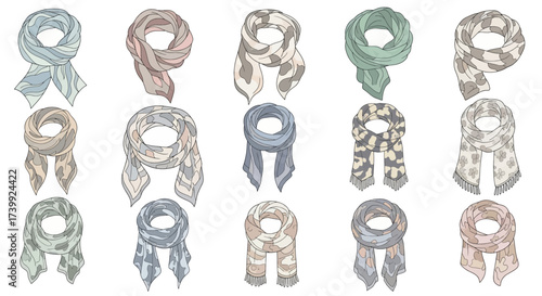 Collection of various illustrated fashion scarves with patterns.