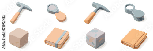 Geological exploration equipment including rock hammers, magnifying glasses, and field notebooks with rock samples