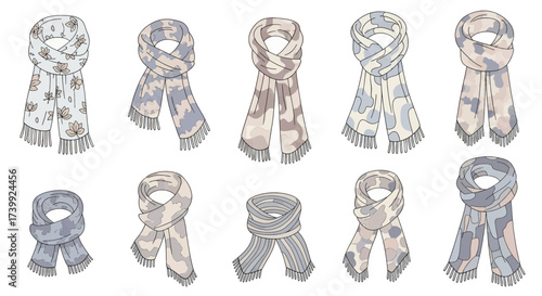Set of ten illustrated fashion scarves with different patterns and colors.