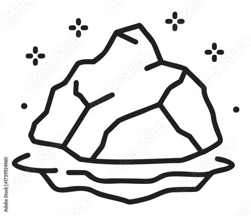 Black outline vector icon of a simple iceberg surrounded by small star-like shapes, symbolizing cold and arctic themes.