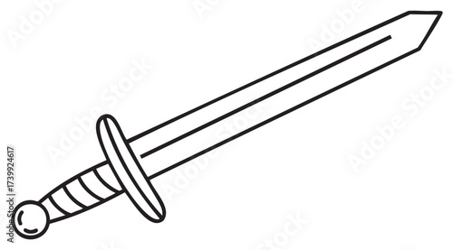 Black outline icon of a simple medieval sword with a round pommel and straight blade.