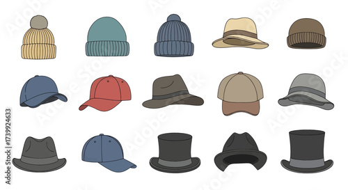 Collection of various hats and caps vector illustration.