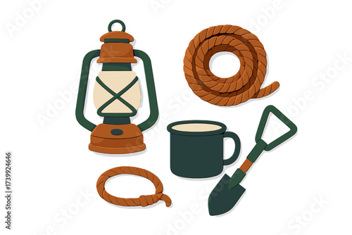 Essential camping and outdoor adventure equipment set featuring a classic lantern, coiled rope, enamel mug, and small shovel