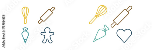 Assortment of essential baking tools and cookie cutters for home kitchen and professional pastry preparation