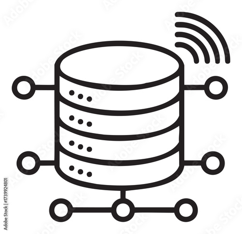 Black outline icon of a data storage server connected to a network with a wireless signal indicator.