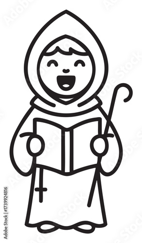 Simple black outline drawing of a happy child monk with a hood and shepherd's staff, holding an open book while smiling.