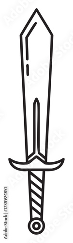 Black outline of a simple, straight-edged sword with a rounded guard and a wrapped handle. basic linear design for medieval, historical, and weaponry concepts.