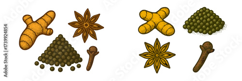 Collection of aromatic cooking spices including fresh ginger root, star anise, whole black peppercorns, and dried cloves