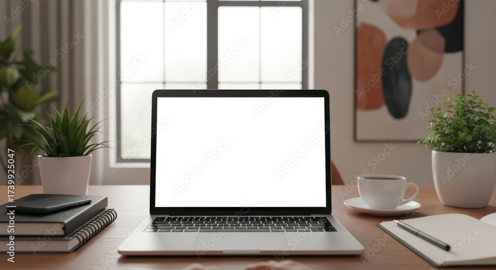 Fototapeta premium Modern home office setup with laptop and plants