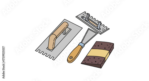 Hand drawn illustration of plastering and tiling tools.