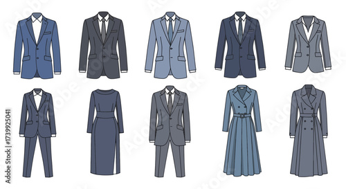 Collection of mens and womens formal business suits and dresses.