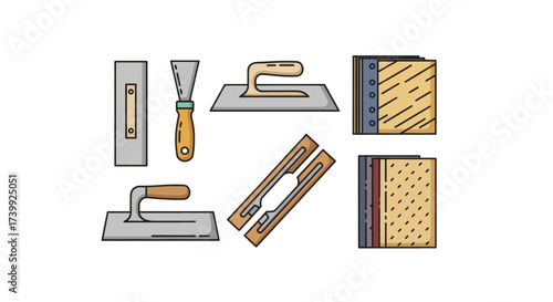 Vector icon set of plastering and masonry construction tools.