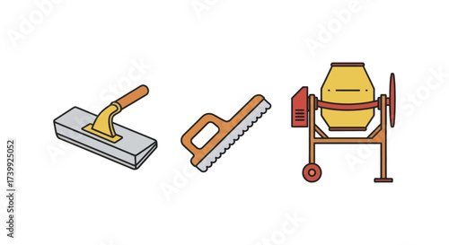 Construction tools icon set with concrete mixer and trowels vector illustration.