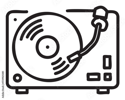 Black outline of a vintage turntable with a vinyl record and tonearm, representing music and retro audio equipment.