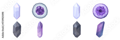Geometric faceted crystals and geodes in shades of purple and grey, showcasing a modern low poly design