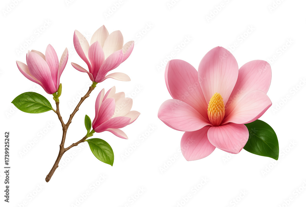 Obraz premium Pink magnolia flowers illustration with leaves on a white background, png on transparent background