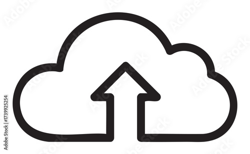 Black outline icon of a cloud with an upward arrow, representing cloud computing and data upload or transfer services.