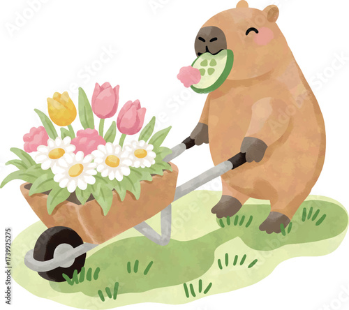 Cute capybara gardening with flowers watercolor illustration