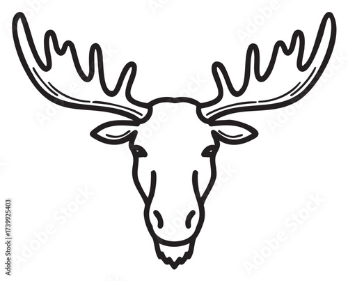 Black outline of a moose head with large antlers facing forward, featuring a simple and minimal design.
