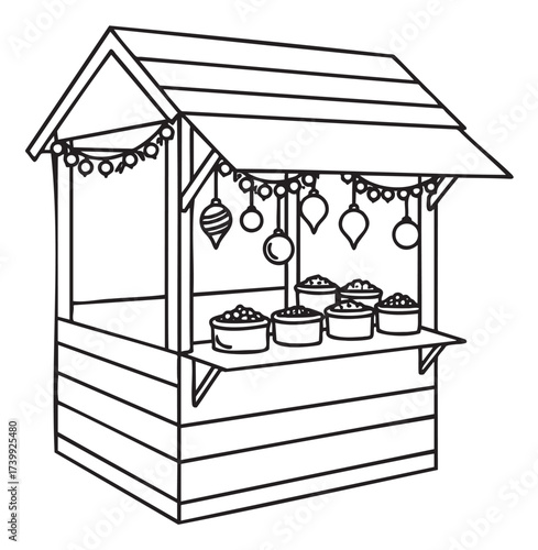 Black outline vector icon of a wooden market stall with a pitched roof, displaying decorative hanging ornaments and neatly arranged pots on the counter.