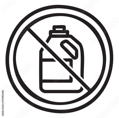 Black outline circular symbol featuring a crossed-out detergent bottle, indicating a prohibition on detergent use for safety and environmental purposes.