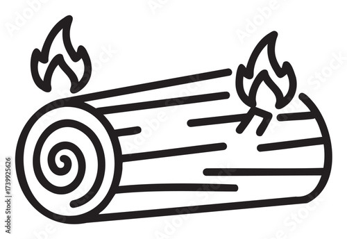 Black outline vector icon of a burning log with flames on both ends, representing warmth and campfire concepts.