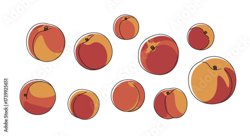 Collection of stylized illustrated peaches on a white background.