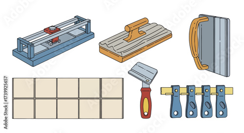 A collection of tiling tools including a tile cutter trowel float and leveling system.