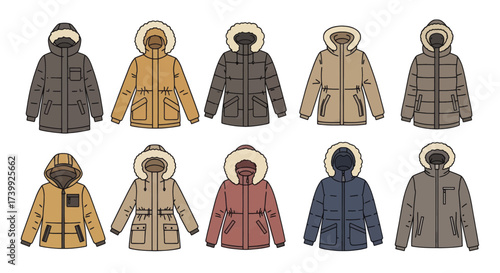 A diverse collection of winter parka and puffer jackets with fur hoods isolated on a white background.