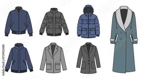 Vector illustration set of different mens and womens outerwear jackets and coats.