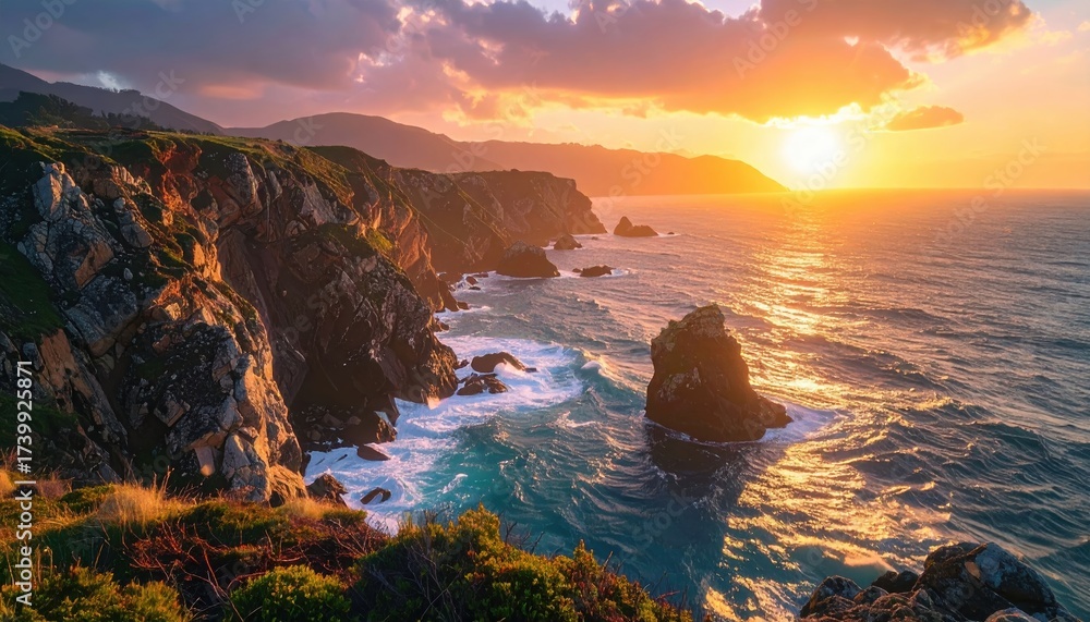 Obraz premium A stunning coastal landscape at sunset, showcasing rugged cliffs, crashing waves, and a vibrant sky, creating a serene and picturesque natural scene.