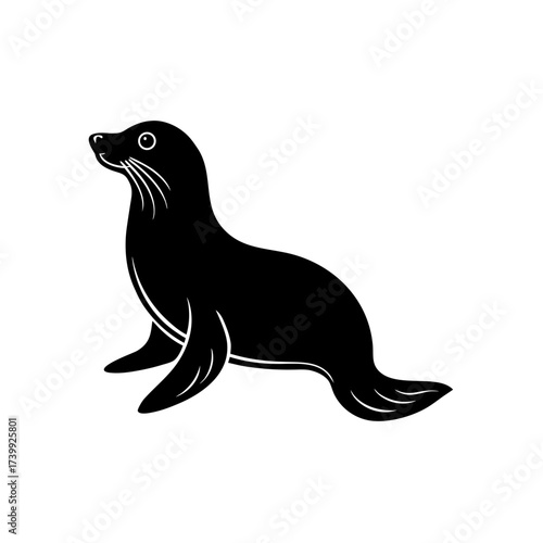 Silhouette of a seal sitting on the ground on transparent background