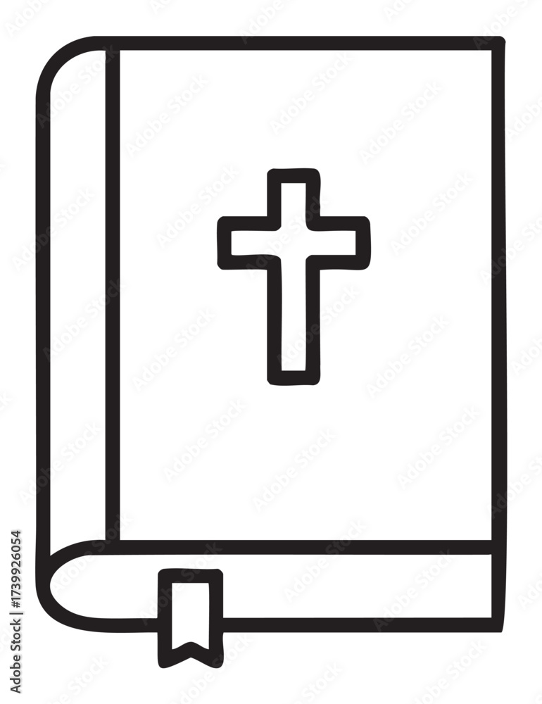 Fototapeta premium Black outline icon of a book with a cross, representing a religious text with a bookmark indicator.