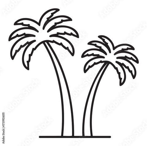 Black outline vector icon of two simple palm trees with curved trunks. minimalistic linear design for tropical, summer, and nature concepts.