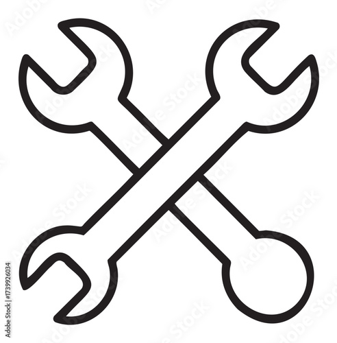 Black outline icon of two crossed wrenches, representing tools or mechanical work, with a simple linear design.
