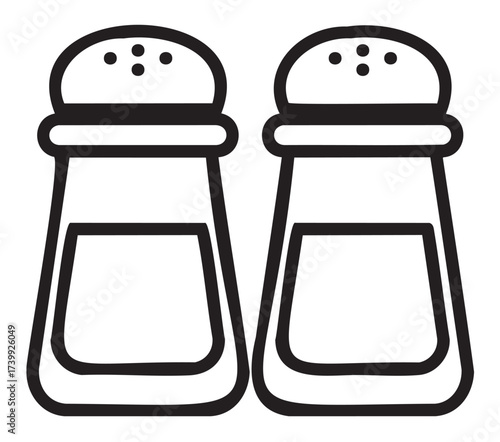 Black outline drawing of a pair of simple salt and pepper shakers with perforated tops and transparent sections.