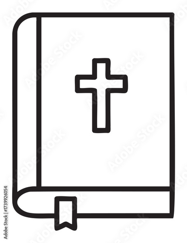 Black outline icon of a book with a cross, representing a religious text with a bookmark indicator.