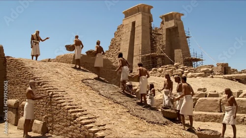 Ancient Egyptian Construction Workers at Pyramid Site with Tools