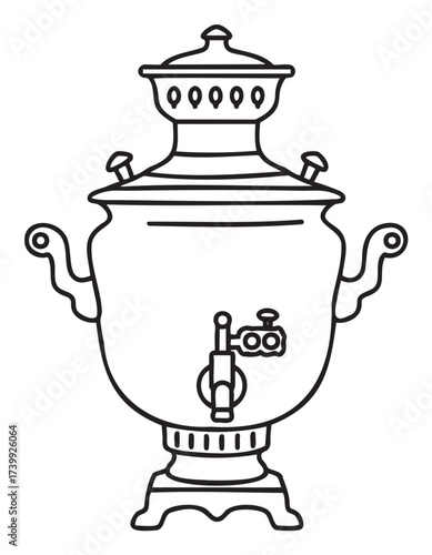 Black outline illustration of a traditional samovar with ornate handles and a spout. classic design for tea heating and cultural gatherings.