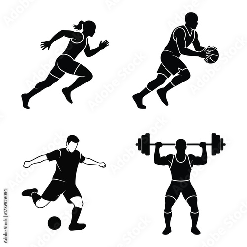 Dynamic silhouettes of athletes in motion representing various sports including running basketball soccer and weightlifting power silhouette