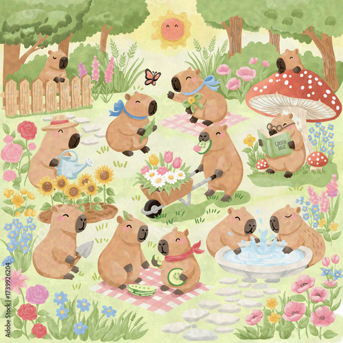 Cute Capybara Family Gardening and Relaxing in Spring Garden Illustration