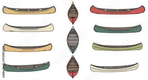 Collection of colorful canoe illustrations from side and top view.