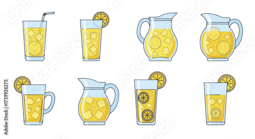Set of lemonade glasses and pitchers with ice and lemon slices.