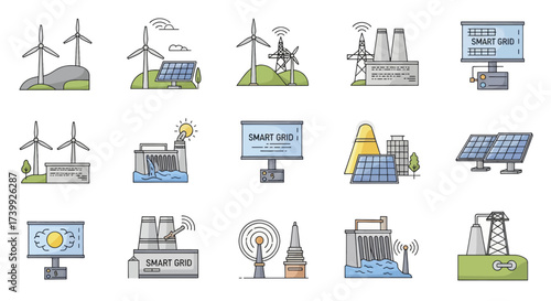Set of smart grid and renewable energy icons vector illustration.